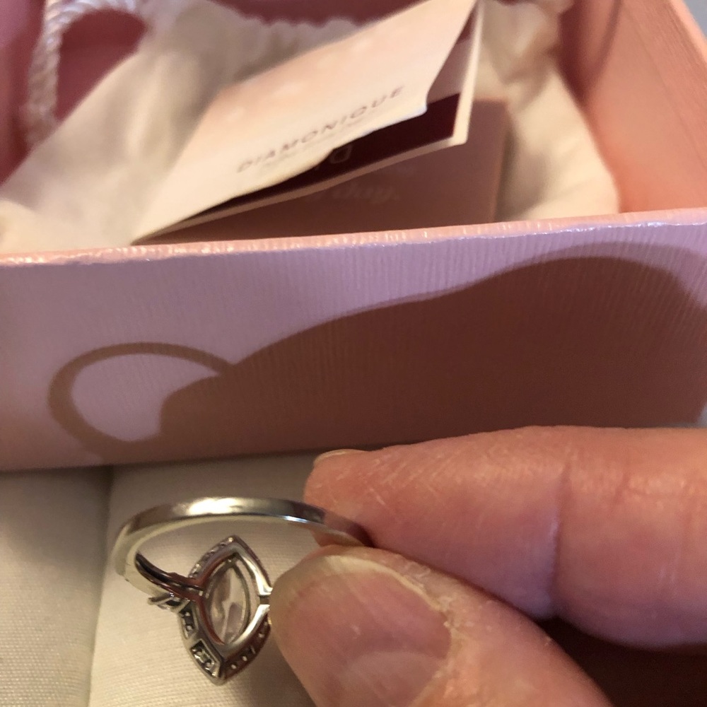 Diamonique 1.85 cttw. Marquise Platinum Plated Halo Ring Sz 10 - Picture 13 of 13